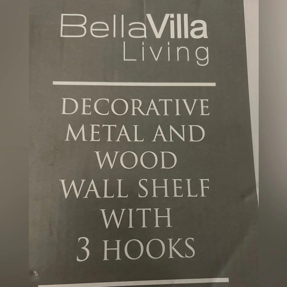 Bella Villa Living Decorative Metal & Wood Wall Shelf With 3 Hooks (12”W x 11”H)